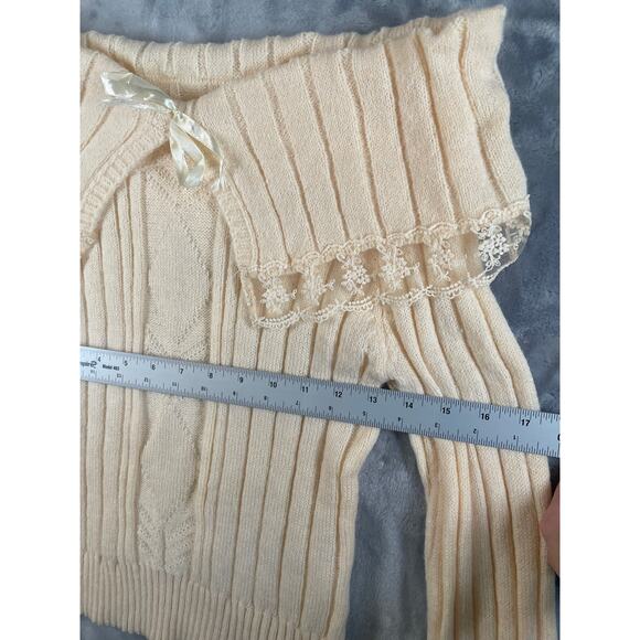 Retro Coquette Feminine Pullover Ribbed Sweater M Lace Ruffle Stretch Cottage - Picture 4 of 10